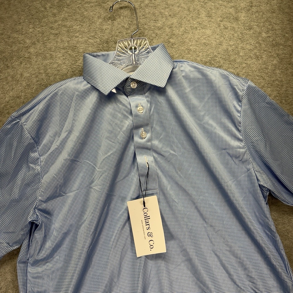 Collars & Co Dress Collar Polo Shirt Mens S Relaxed Blue Houndstooth Performance